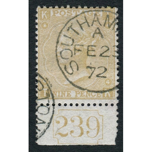 56 - 1867-80 9d Straw- marginal used showing current number at base
Very Fine used cancelled by Southampt... 