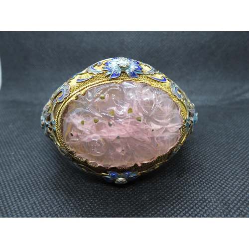 15 - Large cloisonne and filigree 14ct gold bracelet with large rose quartz stone frontpiece  HM 14ct  11... 