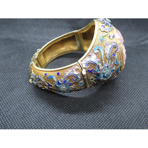 15 - Large cloisonne and filigree 14ct gold bracelet with large rose quartz stone frontpiece  HM 14ct  11... 