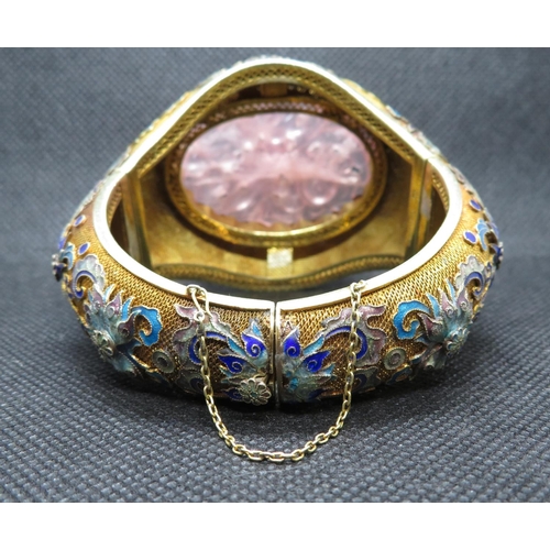 15 - Large cloisonne and filigree 14ct gold bracelet with large rose quartz stone frontpiece  HM 14ct  11... 