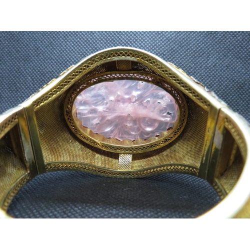 15 - Large cloisonne and filigree 14ct gold bracelet with large rose quartz stone frontpiece  HM 14ct  11... 