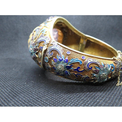 15 - Large cloisonne and filigree 14ct gold bracelet with large rose quartz stone frontpiece  HM 14ct  11... 