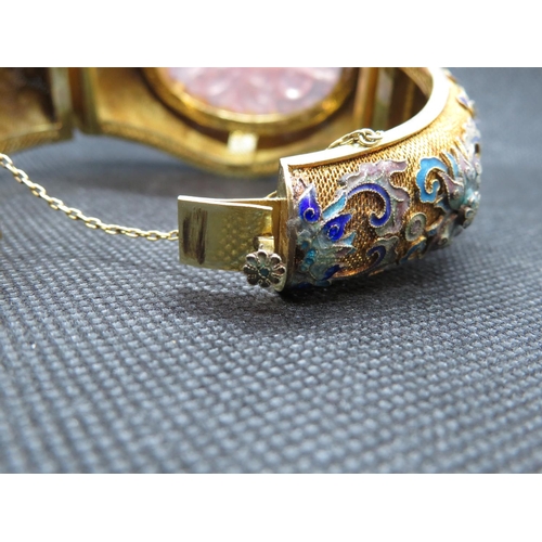 15 - Large cloisonne and filigree 14ct gold bracelet with large rose quartz stone frontpiece  HM 14ct  11... 