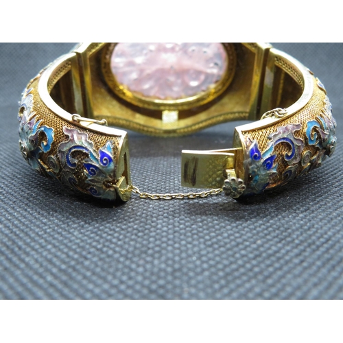 15 - Large cloisonne and filigree 14ct gold bracelet with large rose quartz stone frontpiece  HM 14ct  11... 