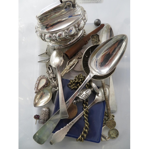 207 - Mixture of silver jewellery, lighter, thimbles, forks, spoons and coins