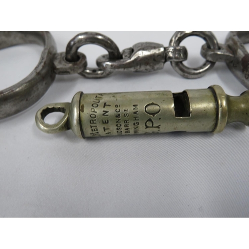 210 - Set of original old handcuffs with key and metropolitan patent GPO whistle