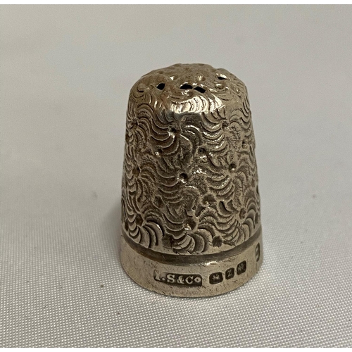 23 - Silver Birmingham thimble by IS and Co in a thimble holder