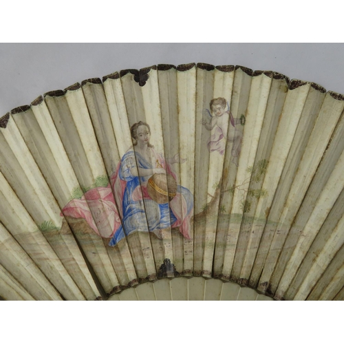 230 - Georgian fan hand painted with lady with orb and cherub with ivory vellum