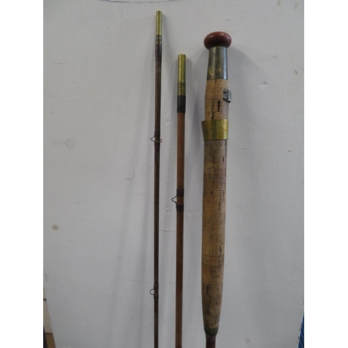 254 - Unnamed Greenheart 3 piece fishing rod and horn handled silver mounted walking cane