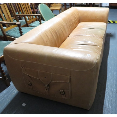 341 - Light tan stressed leather four seater sofa with saddle bags each end - Italian made