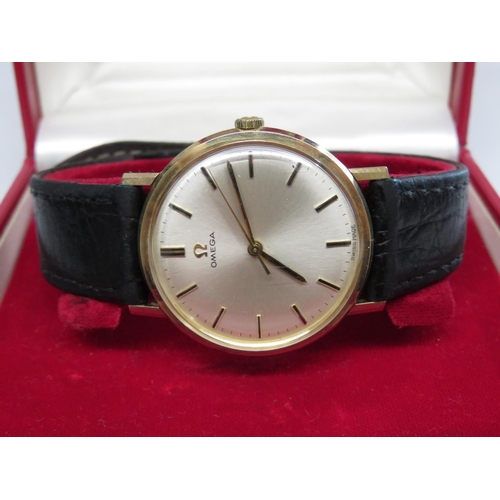 152 - Gentleman's 9ct gold Omega watch with original strap, box and full paperwork including outer box ful... 