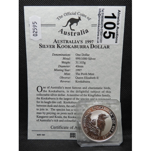 105 - 1997 Australian silver Kookaburra dollar pure silver proof