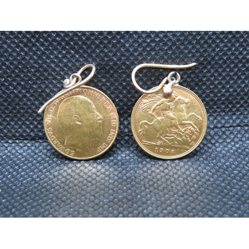 115 - Match pair of 1908 half sovereign earrings set in 9ct VF condition