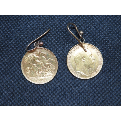 115 - Match pair of 1908 half sovereign earrings set in 9ct VF condition