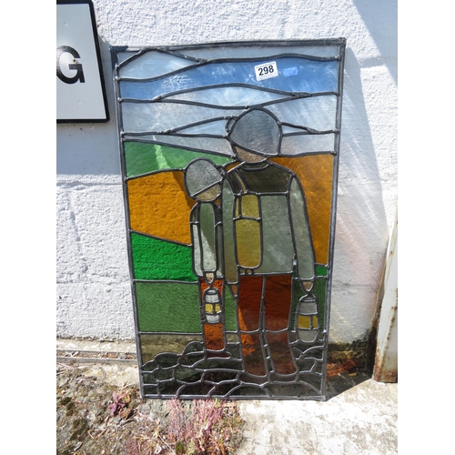 298 - Set of 4x stained glass panels depicting Miners and fields - each panel 16