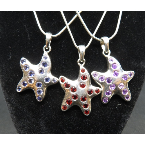 70 - 3x silver gem set starfish pendants all on 16