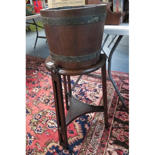 303 - Lovely Arts and Crafts stool with planter on top steel barrel bound