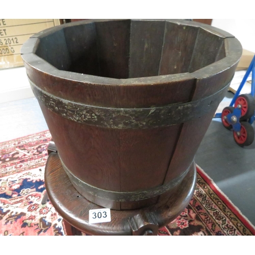 303 - Lovely Arts and Crafts stool with planter on top steel barrel bound