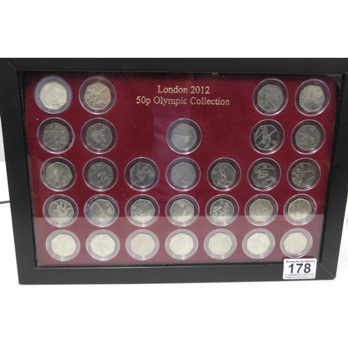 178 - London 2012 50p Olympic collection in holder framed for wall mounting