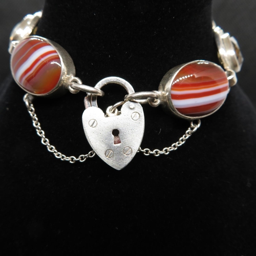 36 - Victorian silver citrine and banded agate bracelet with lock and chain C 1900 7.5