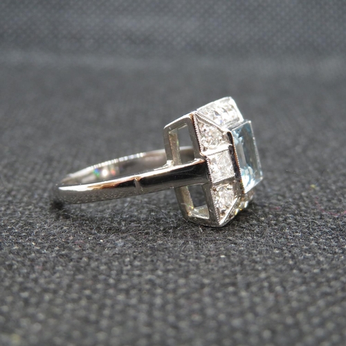 5 - Platinum art deco ring set with 1.6ct aquamarine with approx 1ct diamonds size O    7g