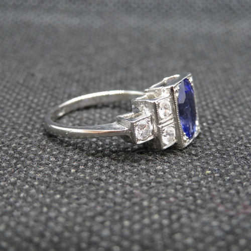 6 - Art Deco platinum ring with kashmir sapphire and 6 brilliant cut diamonds size N    6.5g