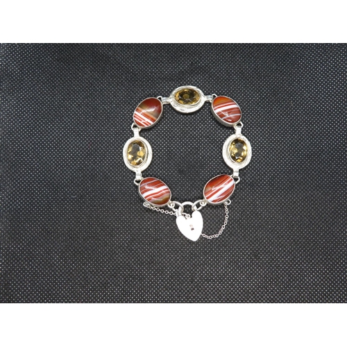 36 - Victorian silver citrine and banded agate bracelet with lock and chain C 1900 7.5