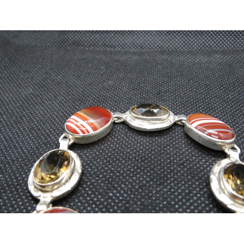 36 - Victorian silver citrine and banded agate bracelet with lock and chain C 1900 7.5