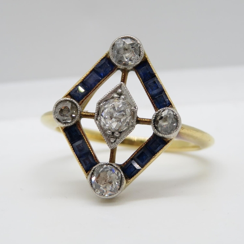 121 - Original Art Deco Sapphire and Diamond ring approx. 1ct diamonds on 18ct gold shaft - size N