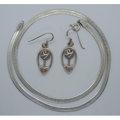 157 - Charles Rennie style earrings and silver chain