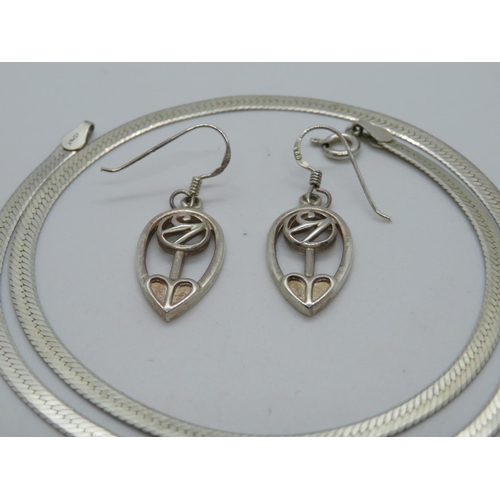 157 - Charles Rennie style earrings and silver chain