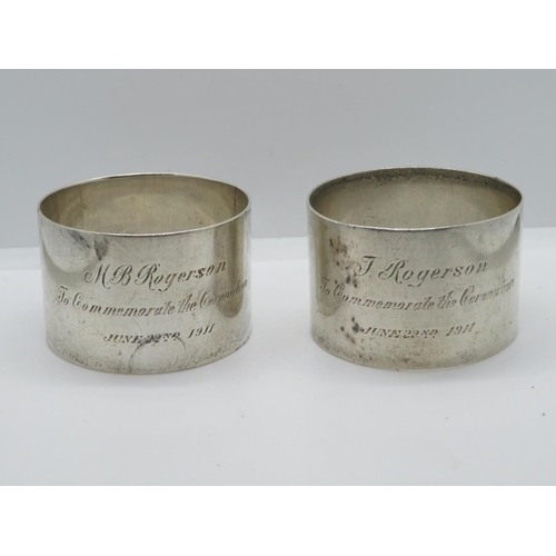 161 - Boxed early HM serviette rings x2 T Rogerson - To Commemorate the Coronations 1911 - total weight 73... 