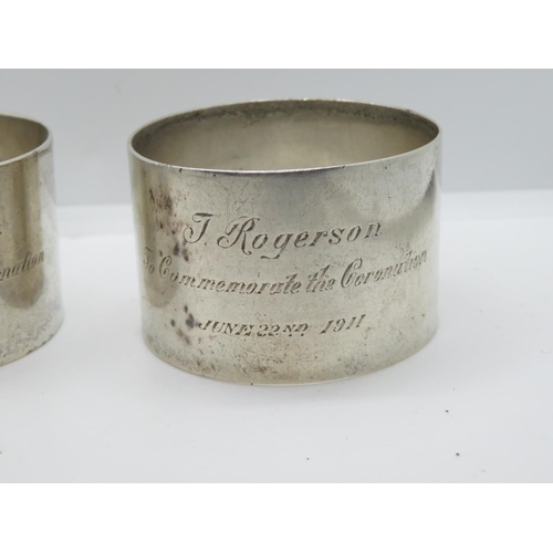 161 - Boxed early HM serviette rings x2 T Rogerson - To Commemorate the Coronations 1911 - total weight 73... 