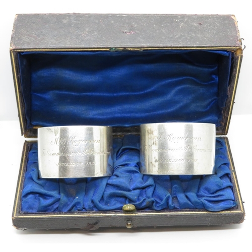 161 - Boxed early HM serviette rings x2 T Rogerson - To Commemorate the Coronations 1911 - total weight 73... 