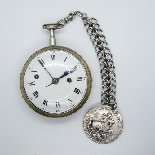 165 - Goliath silver alarm watch with double link watch chain and interesting fob - working but needs atte... 