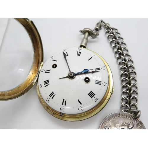 165 - Goliath silver alarm watch with double link watch chain and interesting fob - working but needs atte... 