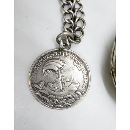 165 - Goliath silver alarm watch with double link watch chain and interesting fob - working but needs atte... 