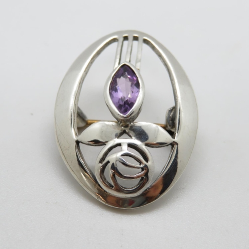42 - Charles Rennie design silver brooch with amethyst
