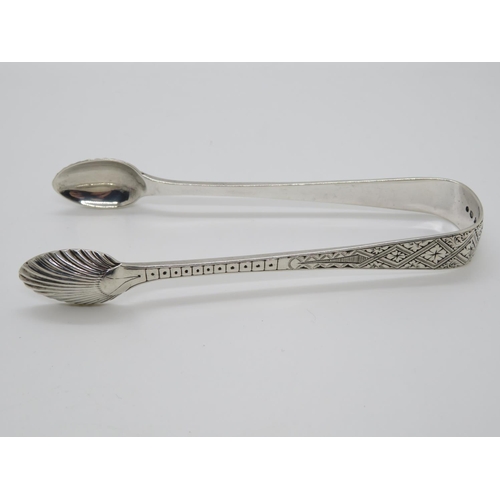 111 - Marshal and Sons George St Edinburgh sugar Tongs 1877HM bright cut pattern 40.7g