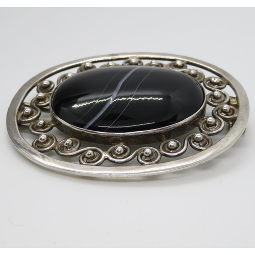 123 - Victorian Celtic silver brooch with banded agate 2.5