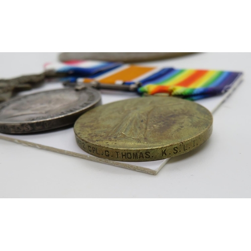 220 - Trio of medals with death plaque to Clement Thomas 16462 Corporal in KSLI