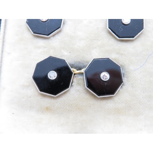 349 - Good quality boxed set pair of cufflinks and 6x studs 18ct platinum set onyx and diamonds