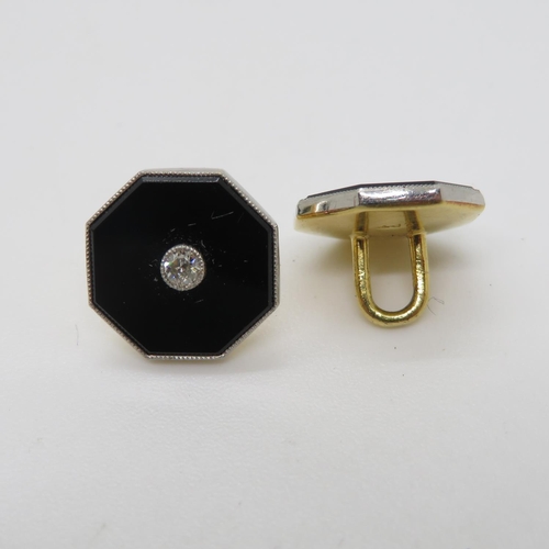 349 - Good quality boxed set pair of cufflinks and 6x studs 18ct platinum set onyx and diamonds