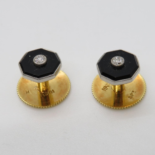 349 - Good quality boxed set pair of cufflinks and 6x studs 18ct platinum set onyx and diamonds