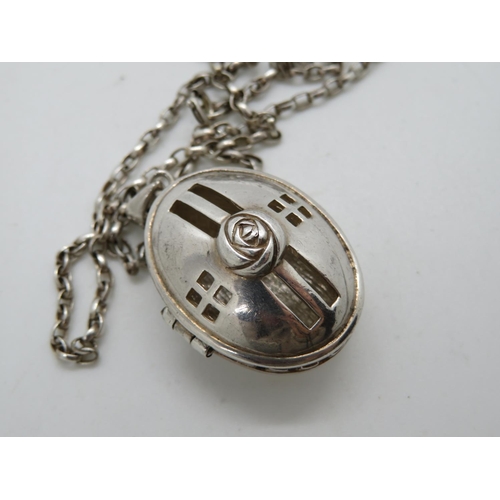 80 - Vintage silver pot pourri locket in style of CR Mackintosh on belcher link chain 19.4g