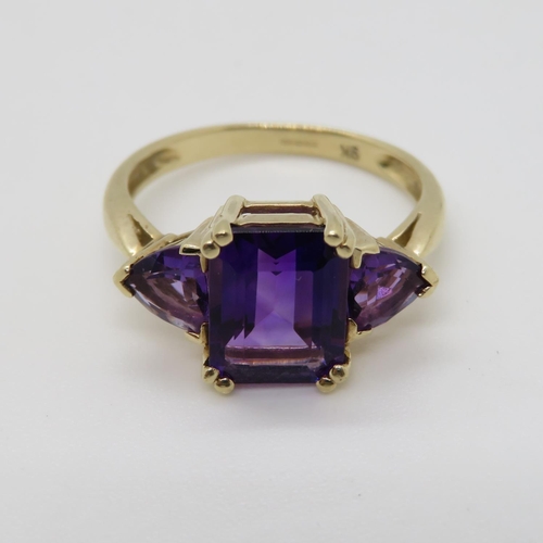 91 - 9ct gold ring set with amethyst stones fully HM size N 3g