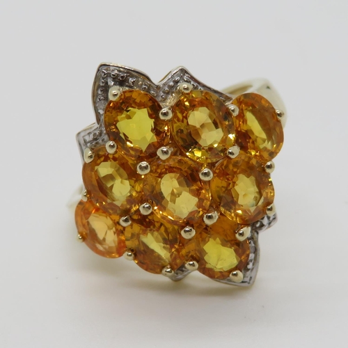 92 - 9ct gold dress ring set with Mexican fire opals and diamonds fully HM size N 5.4g