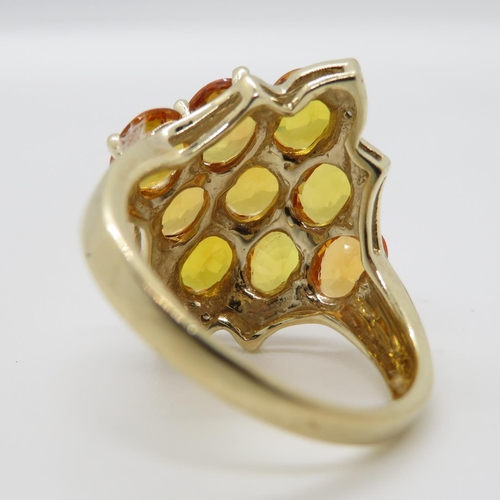 92 - 9ct gold dress ring set with Mexican fire opals and diamonds fully HM size N 5.4g