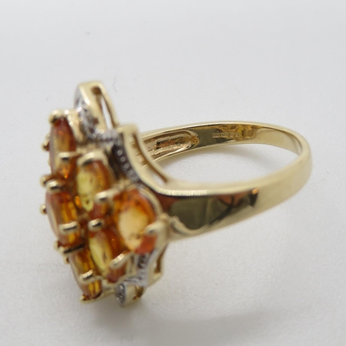 92 - 9ct gold dress ring set with Mexican fire opals and diamonds fully HM size N 5.4g