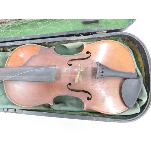 199 - Very old violin in sarcophagus case with 2x bows